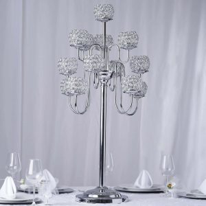 Metal Crystal Beaded Candelabra 40" Silver 13 Arm Design - Table Centerpiece for Events